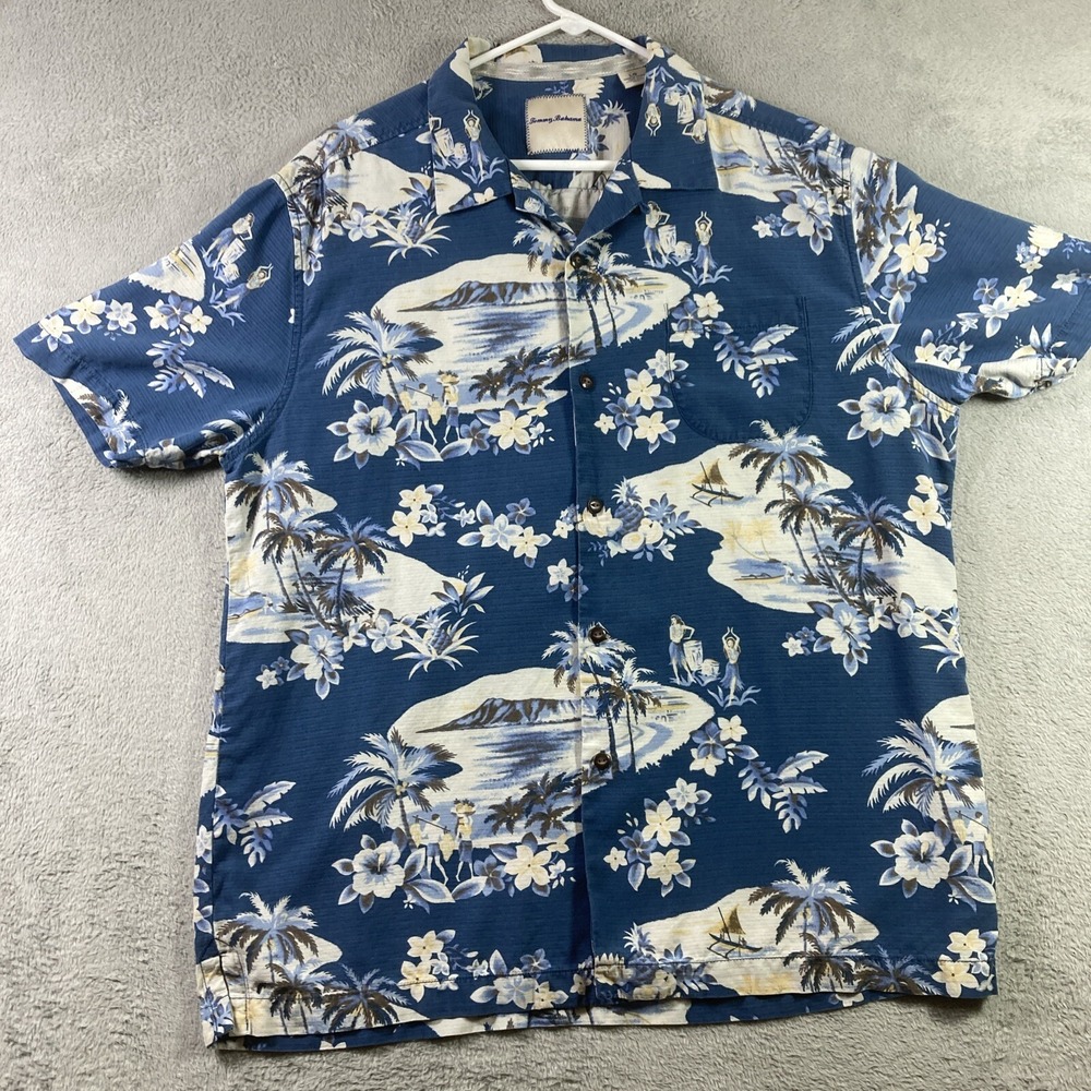Tommy Bahama Hawaiian Shirt Men Large All Over Print Blue Silk Button Up Casual - Picture 1 of 16